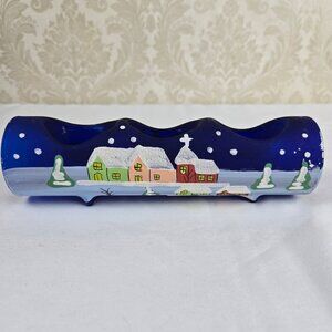 Hand Painted 3 Tealight Votive Candle Holder Glass Winter Scene Glitter Accents